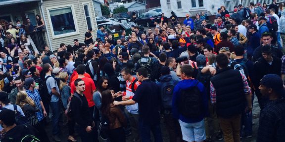 Students gather on Wilcox Terrace in Keene, NH.