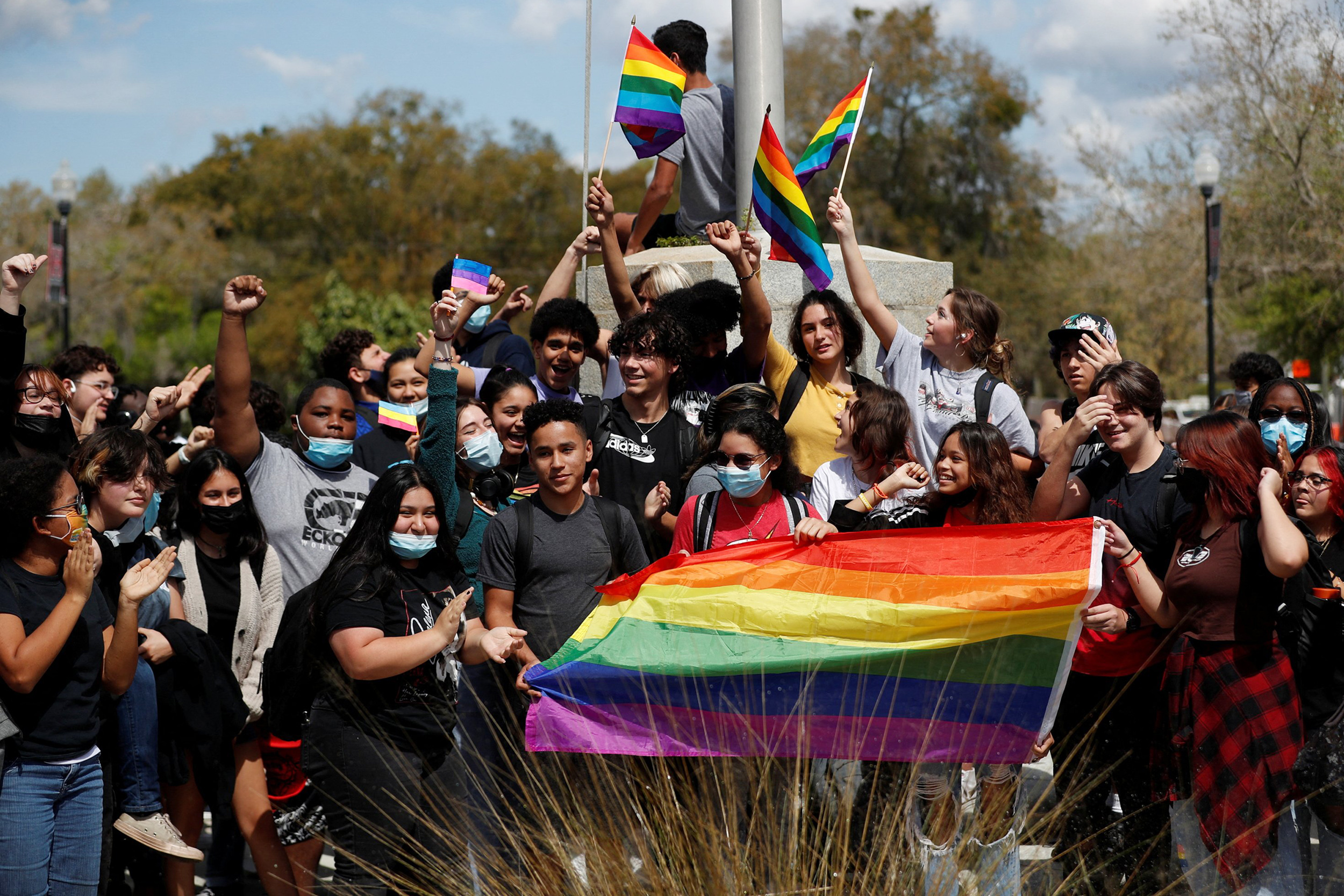 Hillsborough High School students protest a Republican-backed bill sdubbed the "Don't Say Gay" that would prohibit classroom discussion of sexual orientation and gender identity, a measure Democrats denounced as being anti-LGBTQ, in Tampa, Florida, U.S., March 3, 2022.